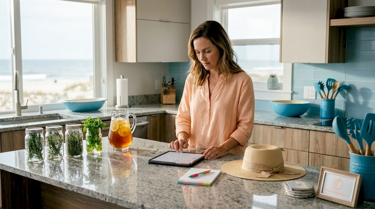 Host checks booking calendar at home kitchen