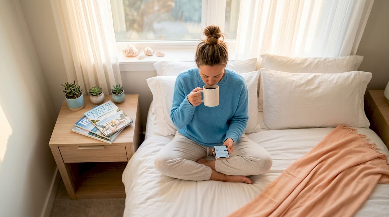 Guest enjoying relaxed morning in rental bedroom