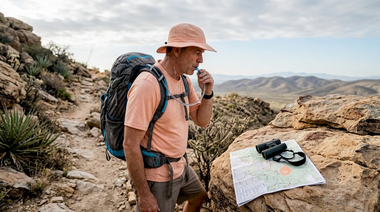 Hiker hydrating on desert trail