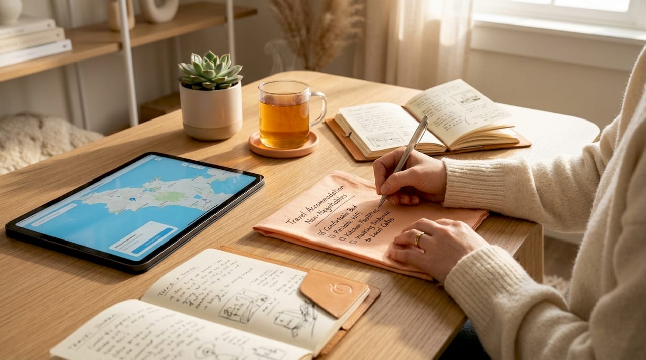 Hands writing travel accommodation checklist