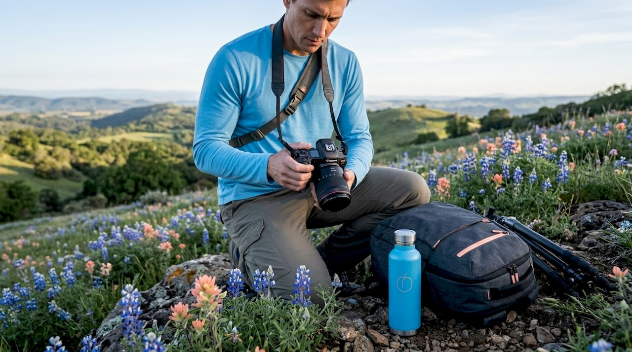 Photographer adjusting camera on mountain ledge