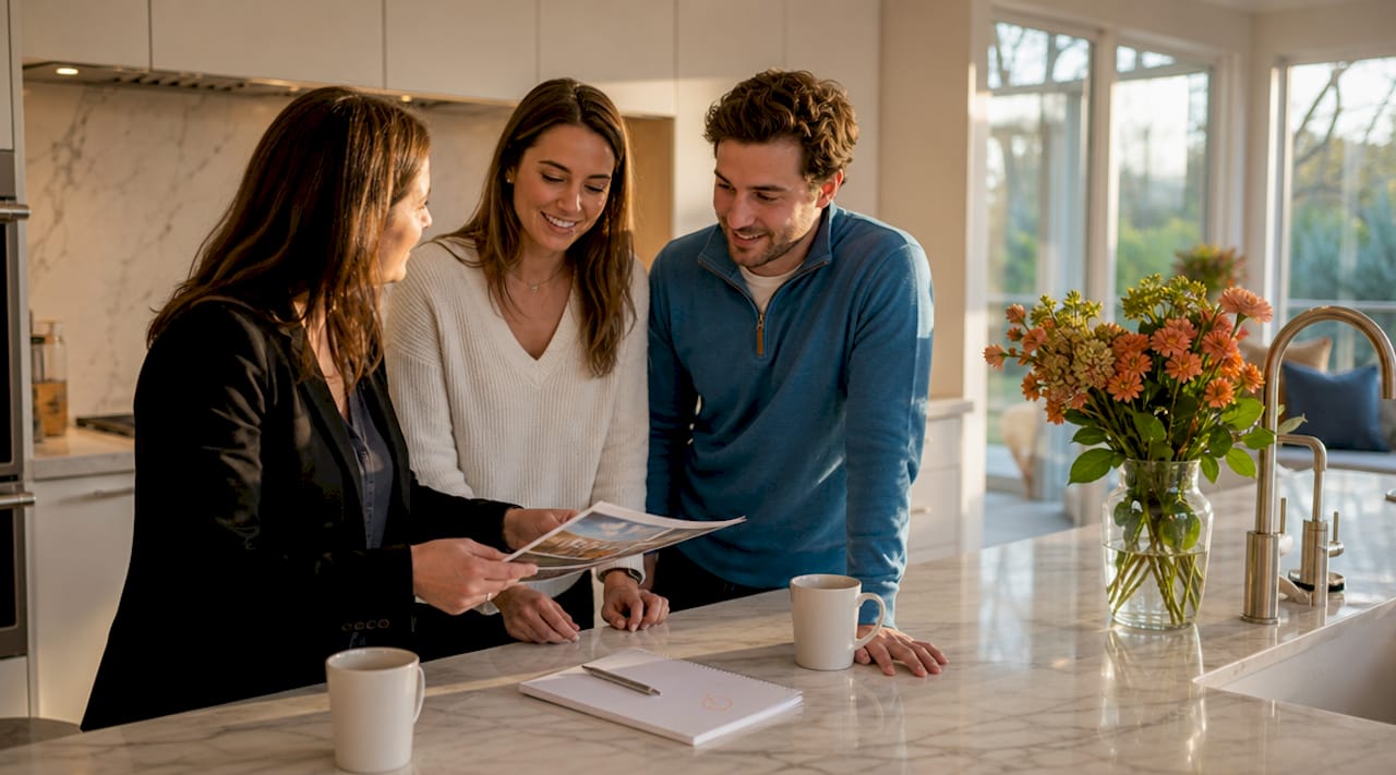 Real estate agent and couple discussing home amenities in kitchen