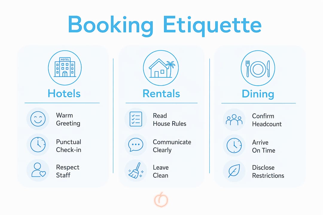 Infographic comparing hotel, rental, and dining booking etiquette