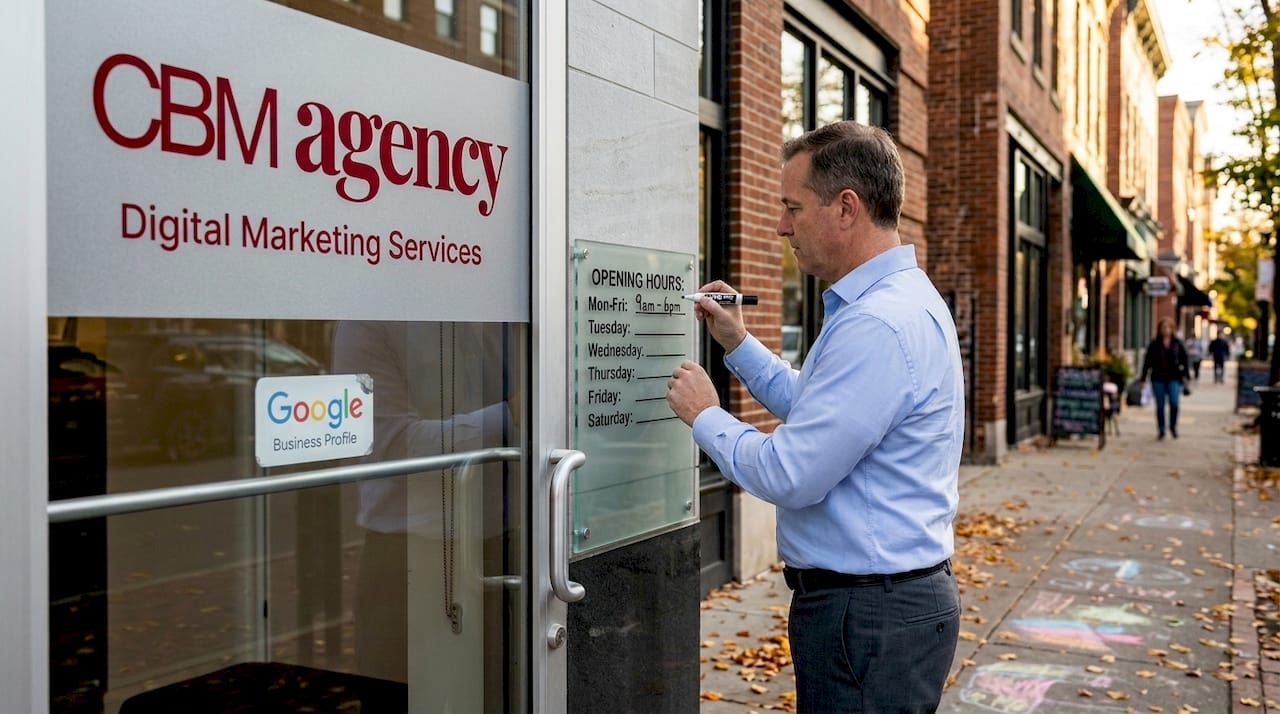 Store owner updates glass sign with marker
