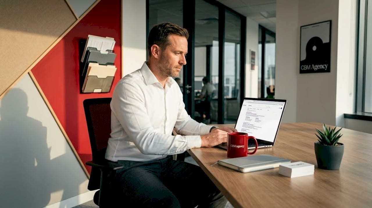Man searching online business profile at home