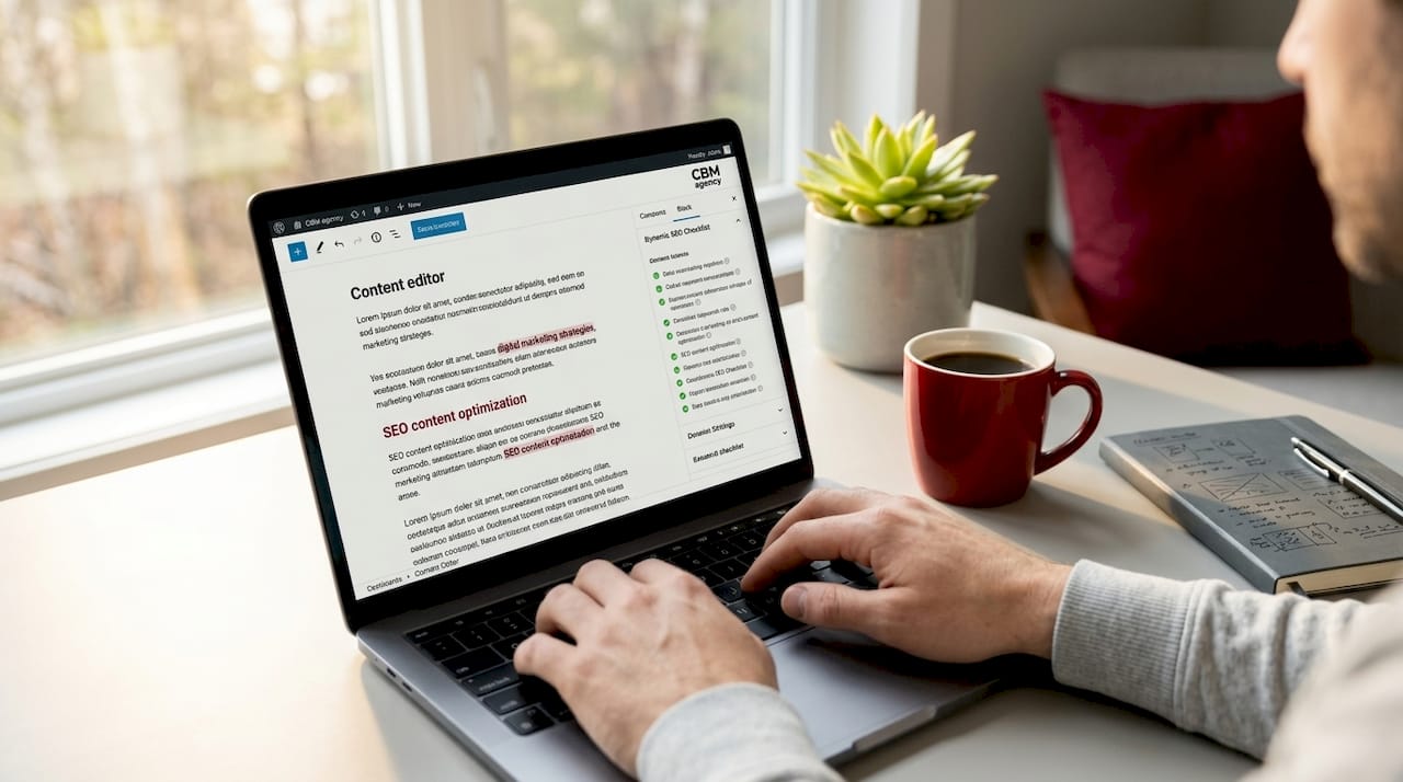 Hands typing SEO-optimized content on laptop