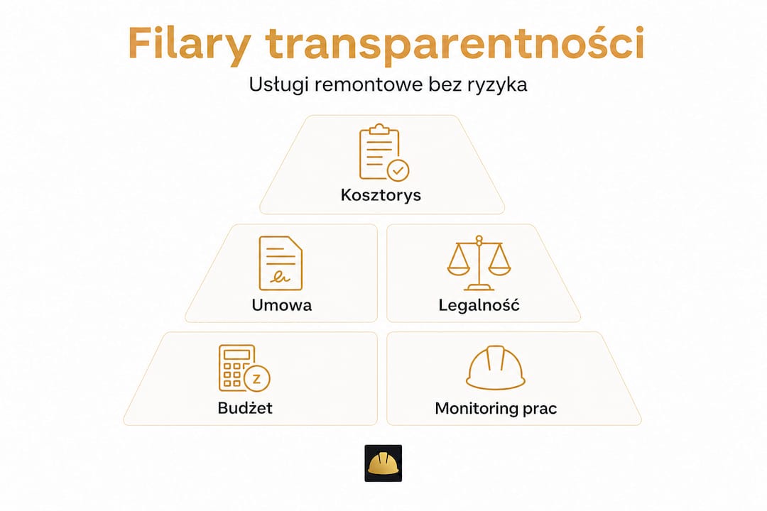 Grafika przedstawiająca kluczowe zasady przejrzystości w usługach remontowych