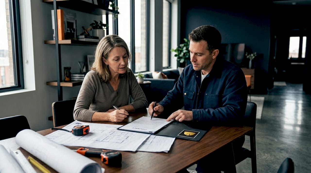 Homeowner and contractor signing renovation contract