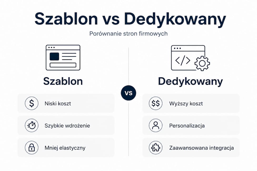 Infografika przedstawiająca porównanie stron firmowych opartych na gotowych szablonach oraz tych tworzonych na zamówienie.