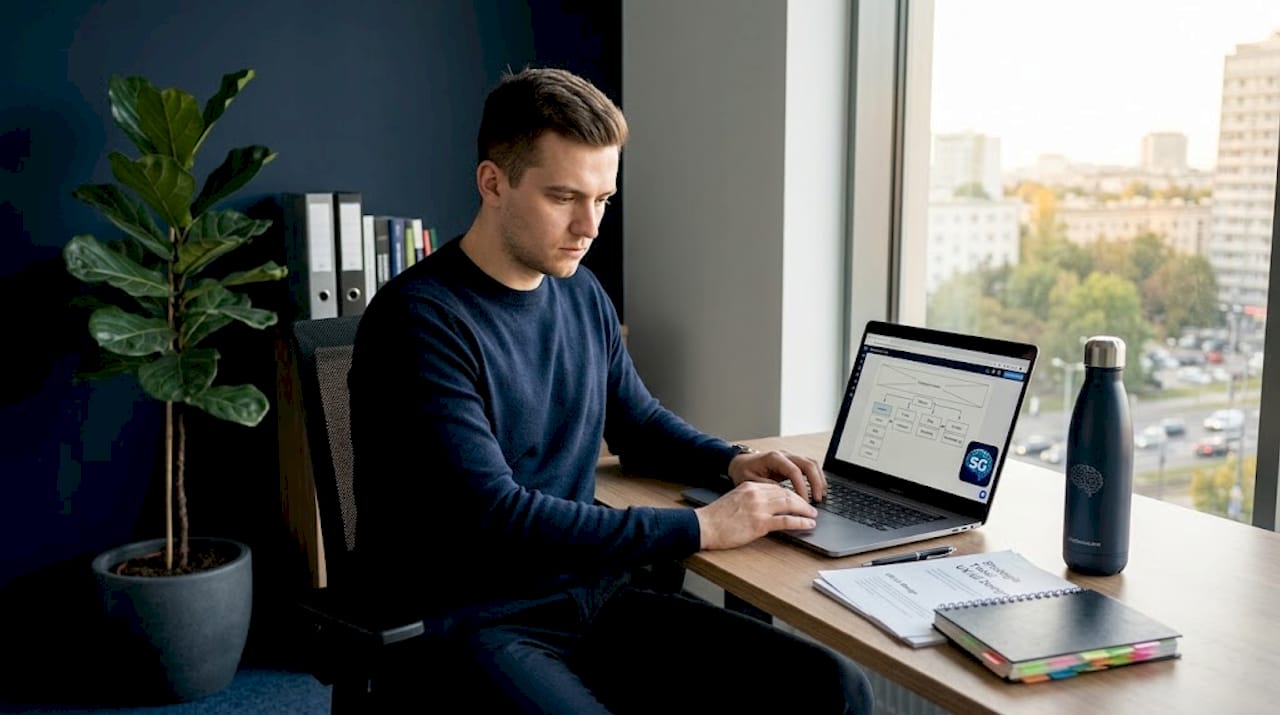 Młody mężczyzna pracuje nad schematem struktury strony internetowej, wprowadzając w nim zmiany.