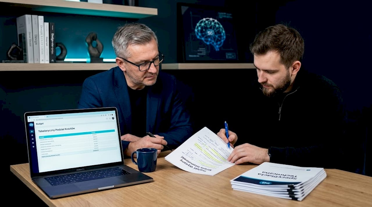 Klient omawia z projektantem koszty stworzenia strony internetowej.