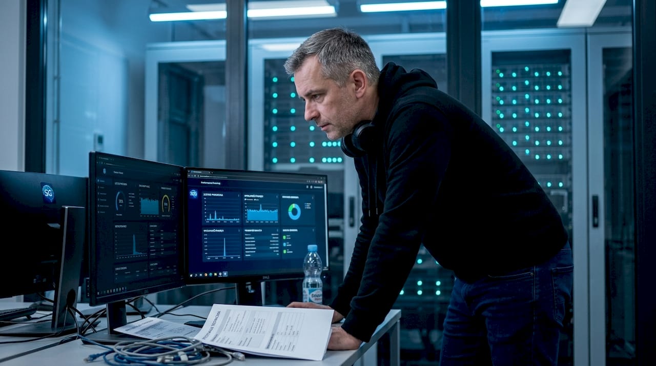 Specjalista IT analizuje dane na pulpicie monitoringu serwera.