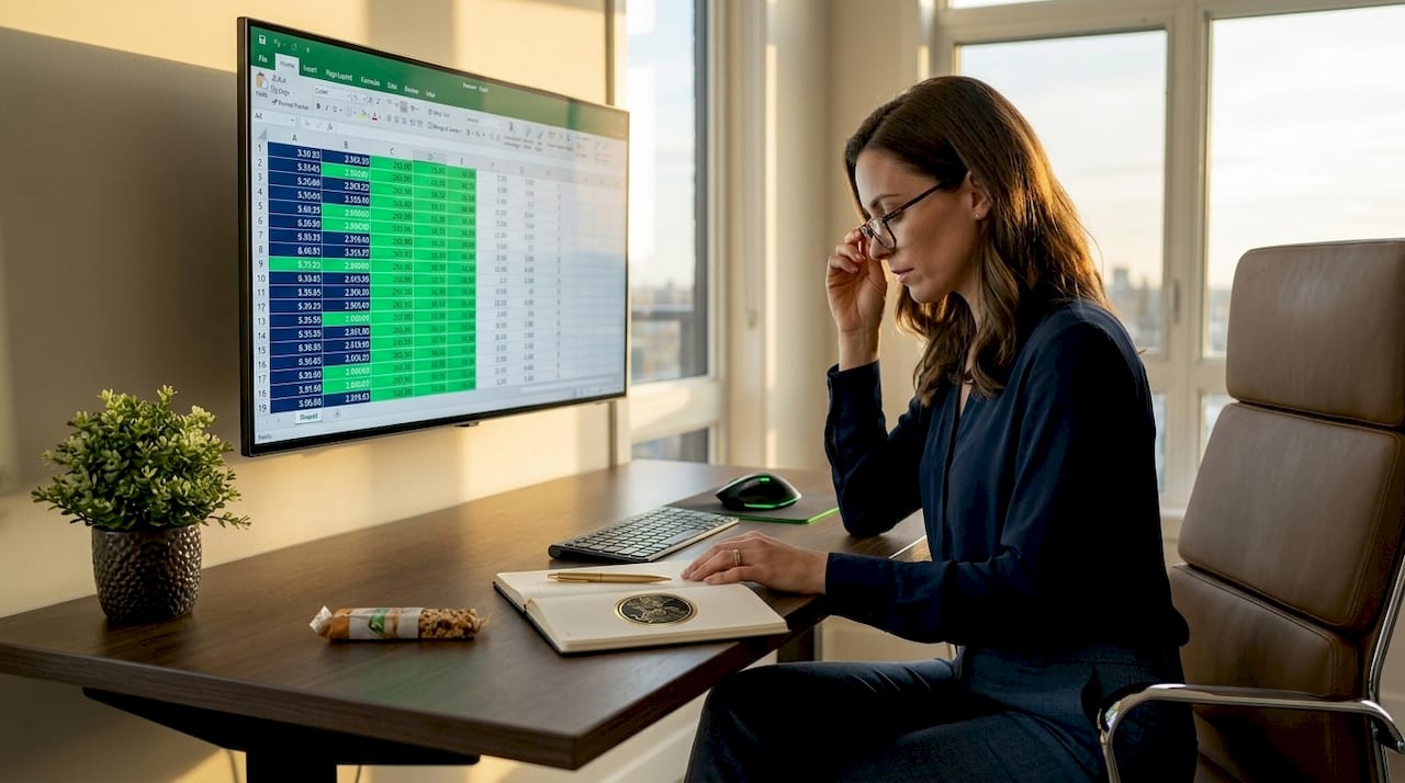 Quantitative trader updating spreadsheet in home office