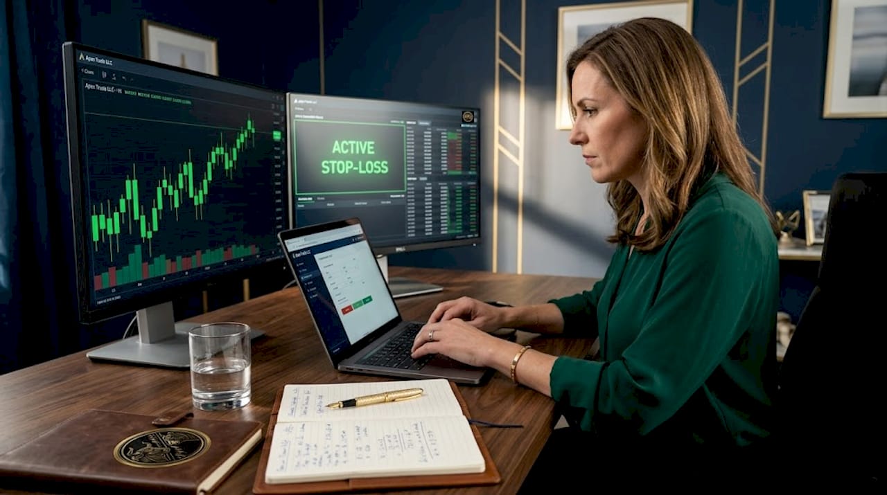 Woman setting risk control on trading platform in home kitchen