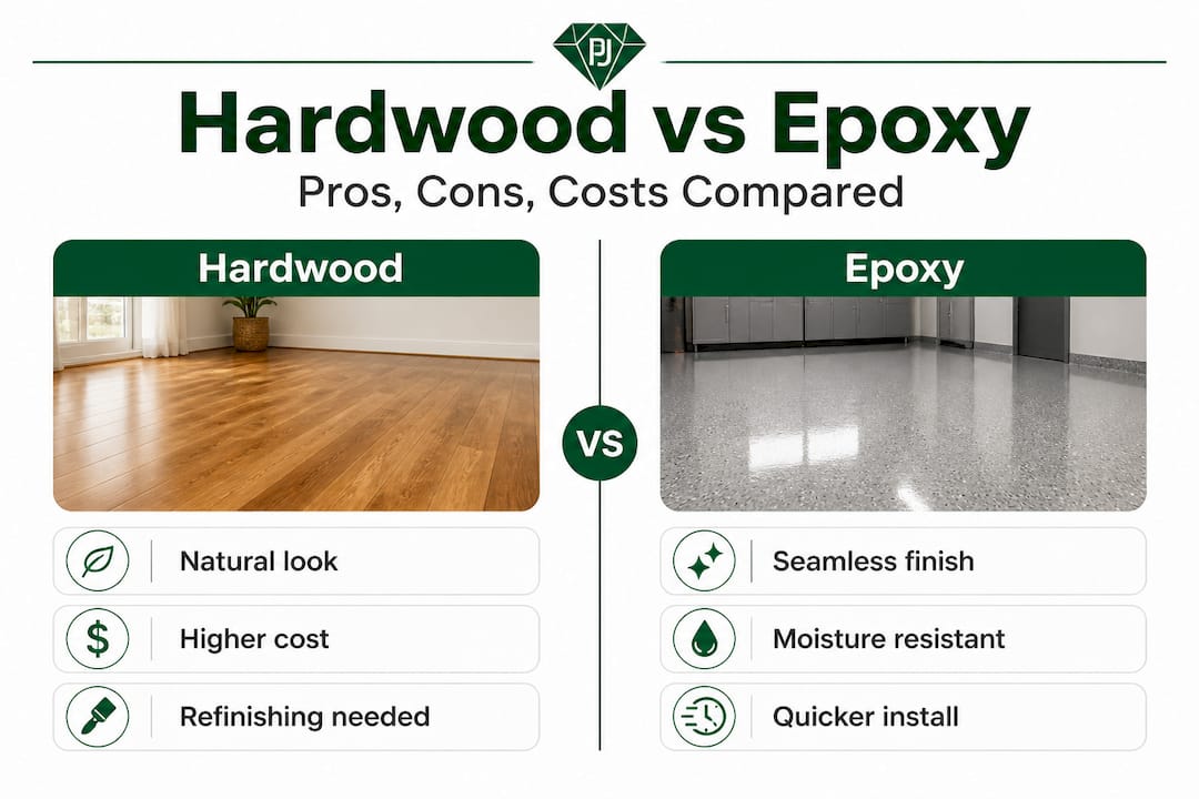 Infographic comparing hardwood and epoxy floor pros and cons
