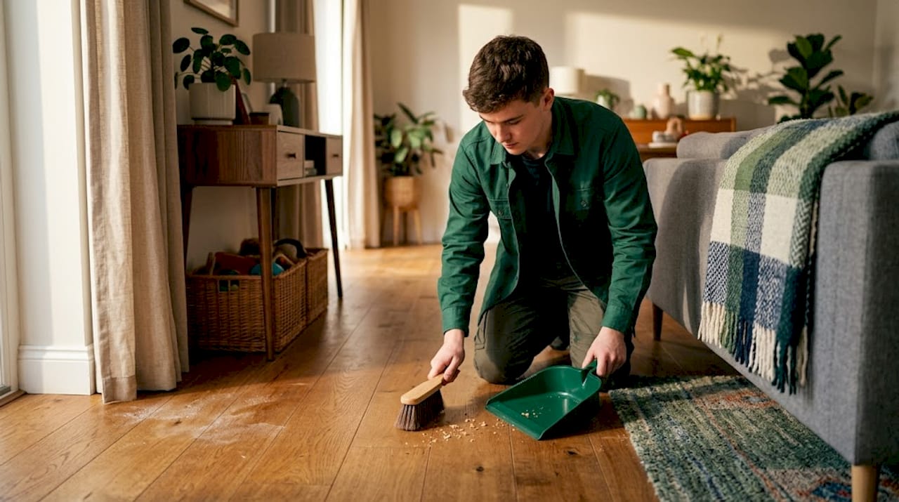 Cleaning crumbs from hardwood living room floor