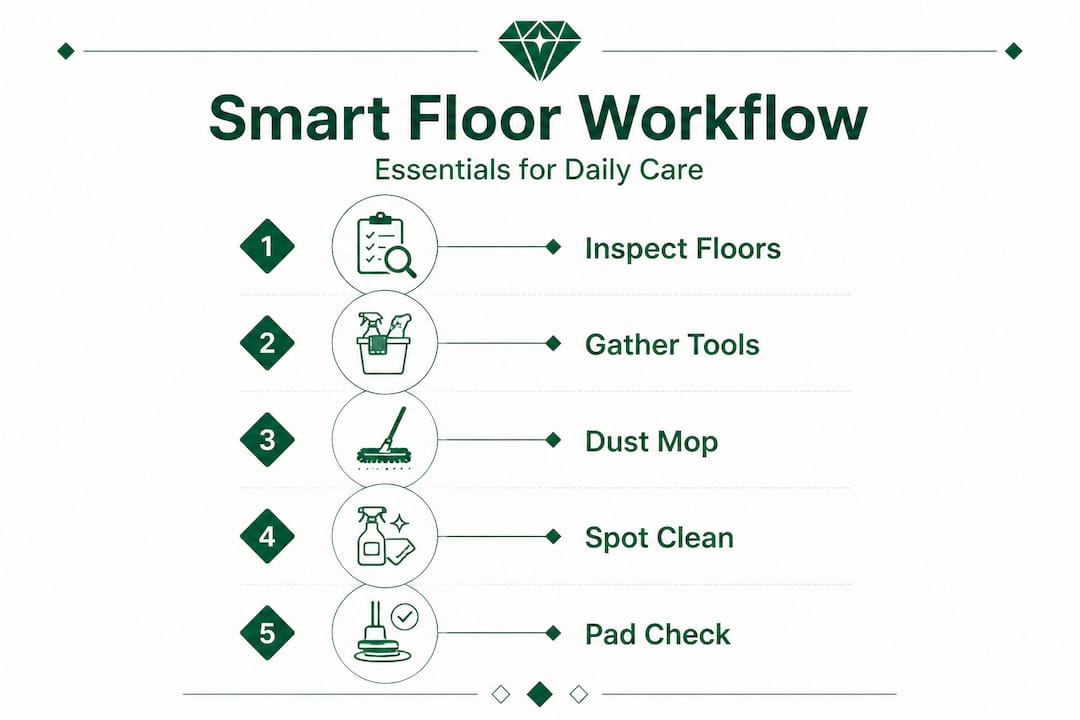 Infographic showing essential hardwood floor care steps