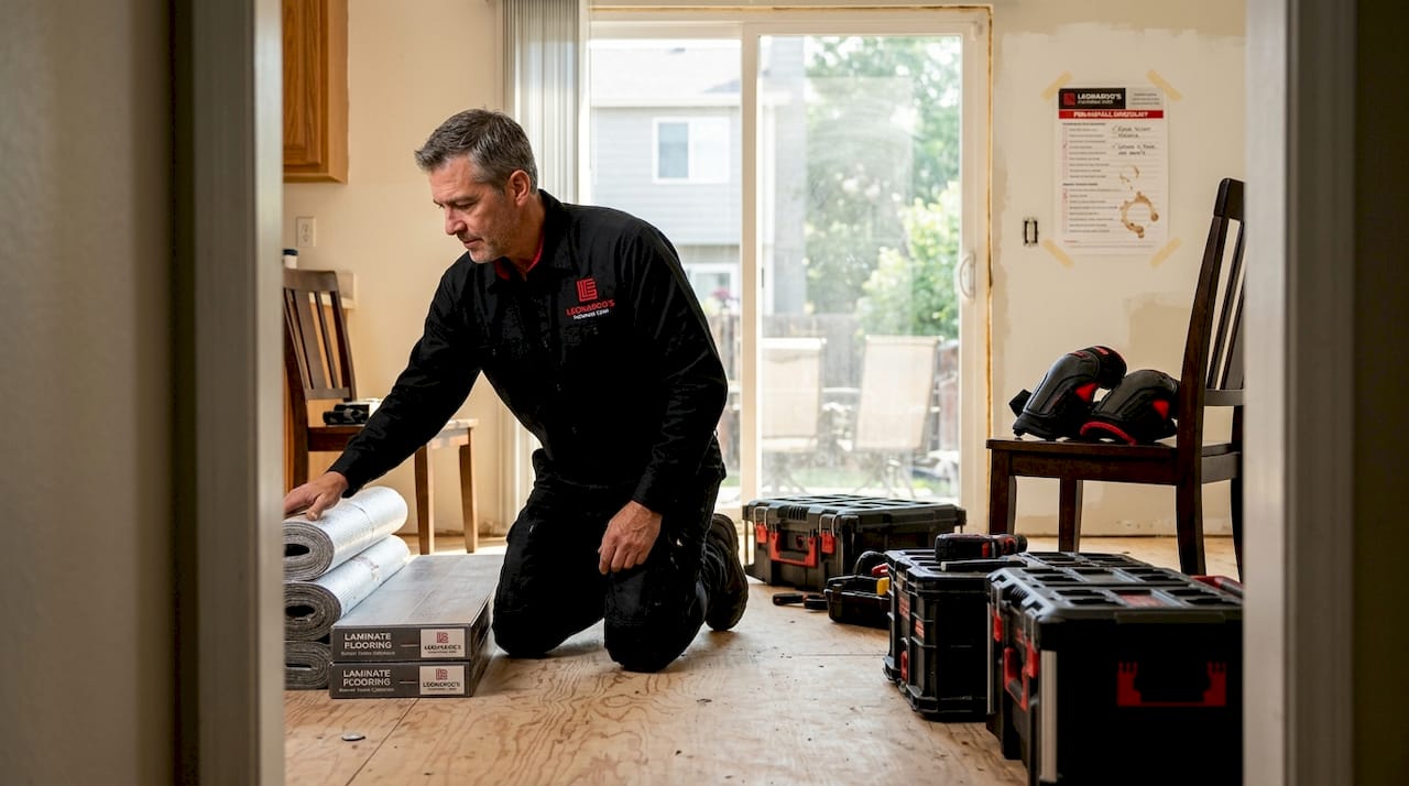 Contractor prepping Denver flooring installation workspace