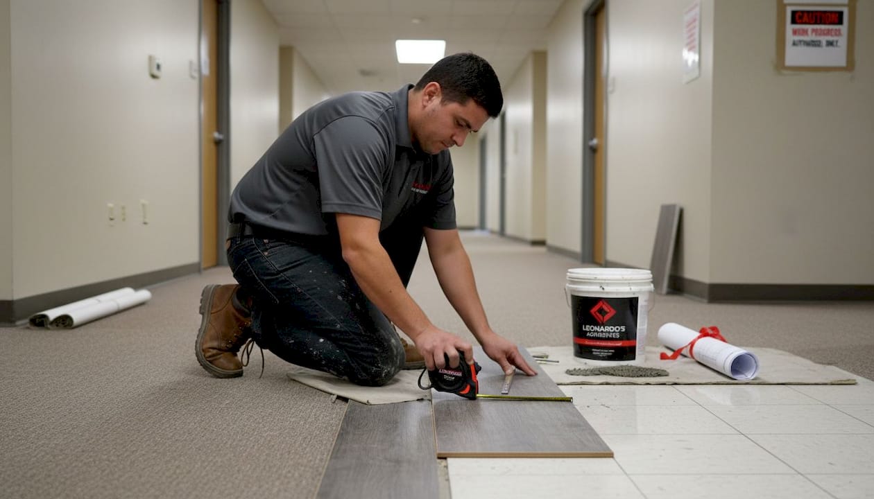 Technician measures vinyl tile in Denver hallway