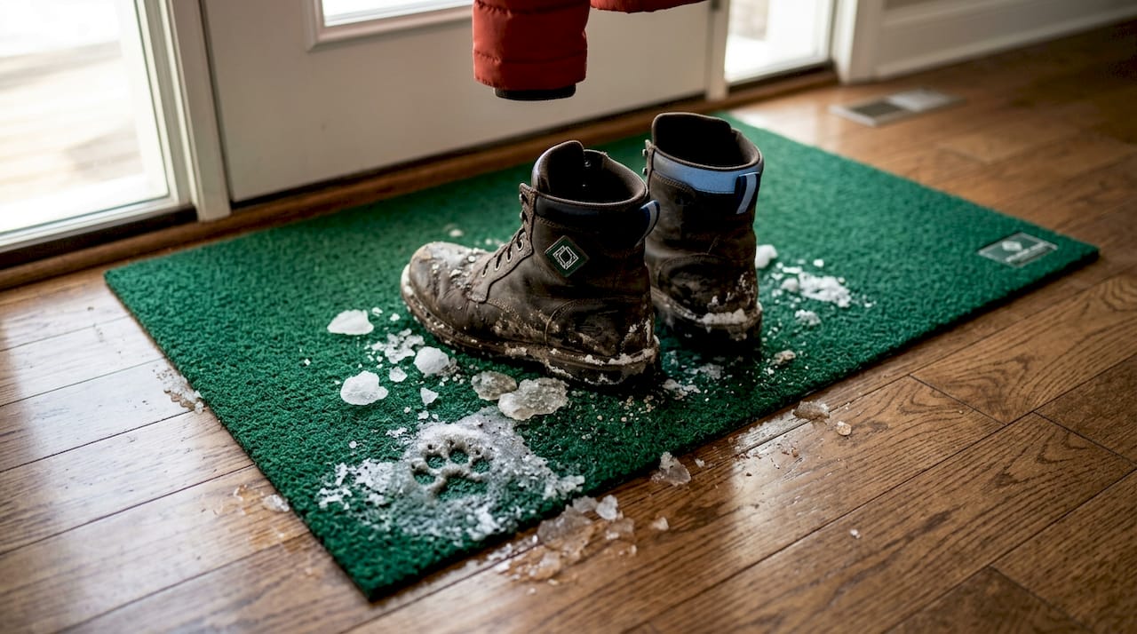 Winter boots tracking salt on hardwood entryway