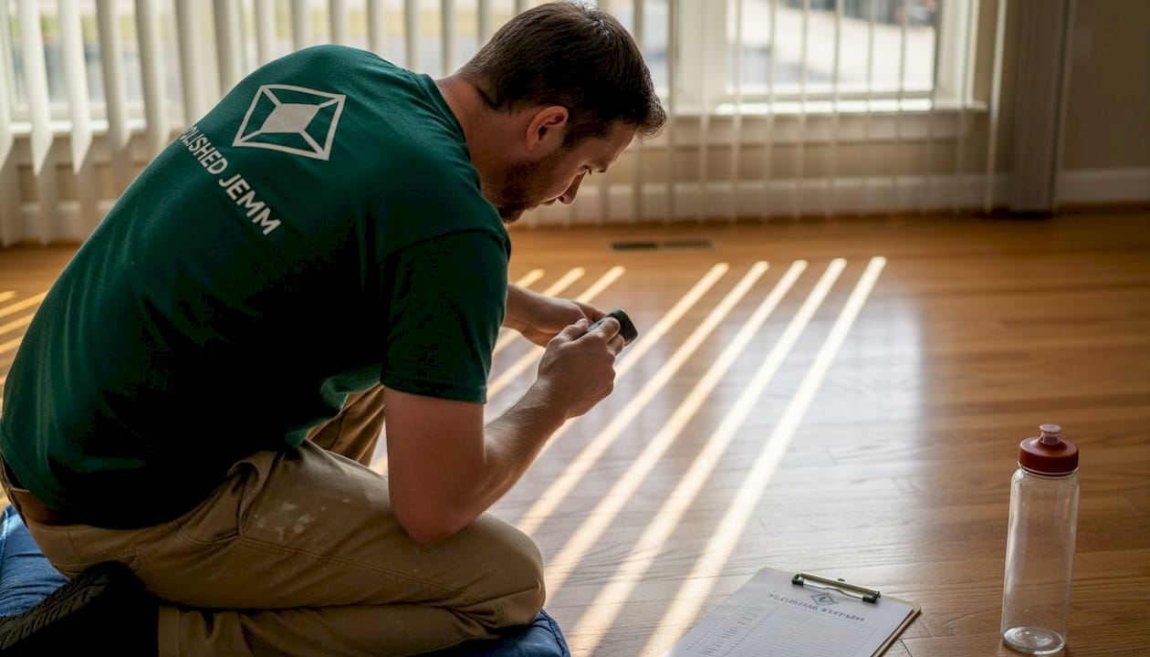 Contractor examines refinished hardwood floor with flashlight