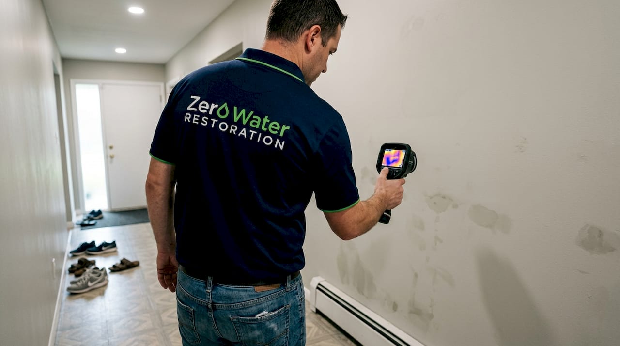 Technician uses thermal camera on water-damaged wall