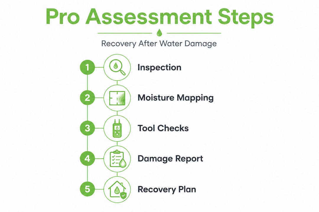 Vertical flow infographic of water damage assessment steps