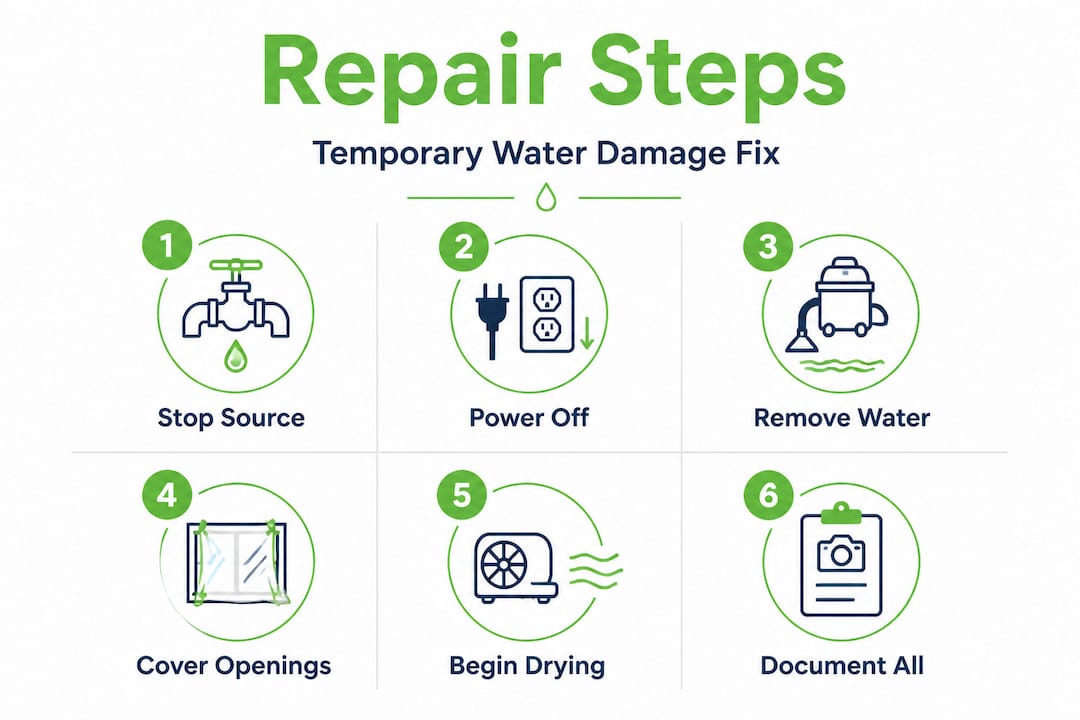 Infographic with temporary water damage repair steps