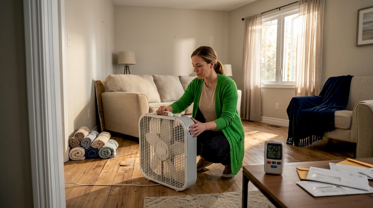Setting up fans to dry water-damaged room