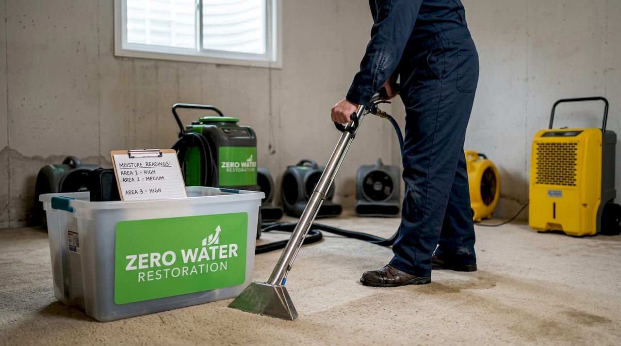 Technician using water extractor in basement