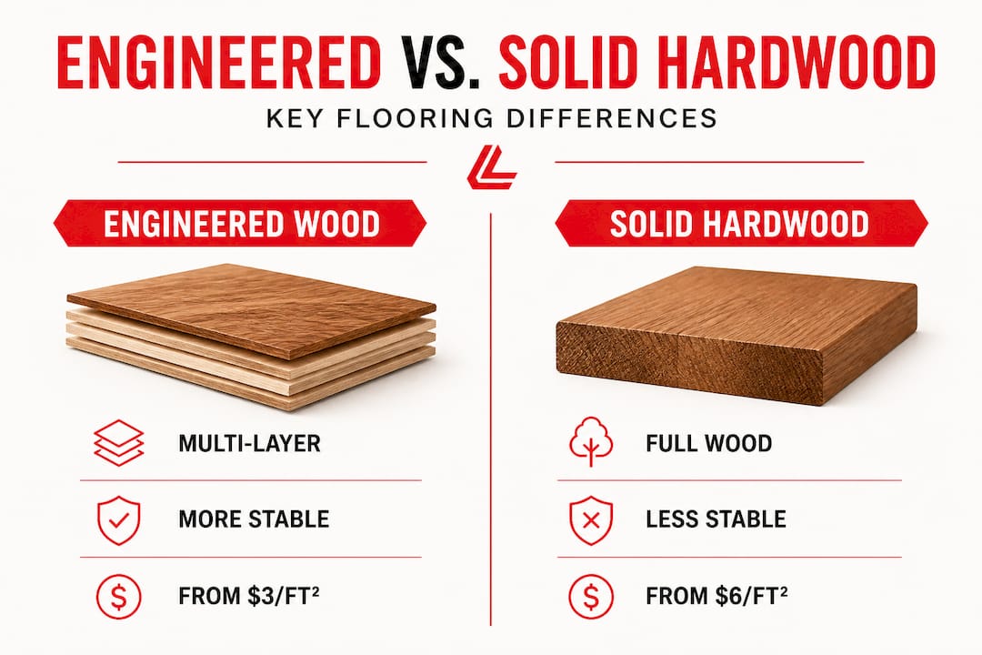 Infographic comparing engineered and solid hardwood flooring