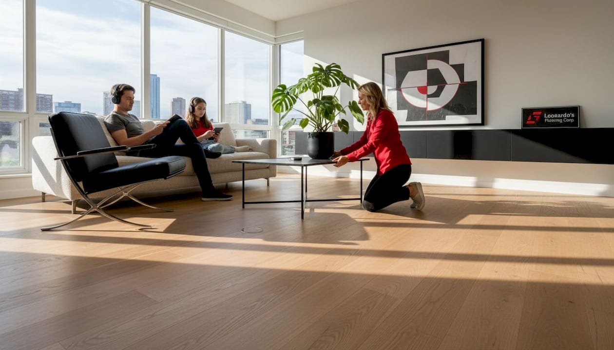Family relaxing on oak engineered wood floors