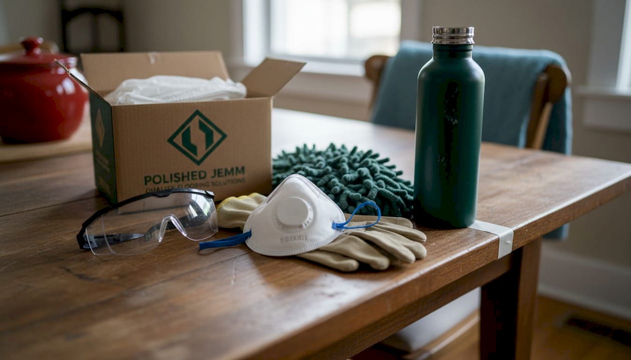 Floor screening safety gear on wooden table