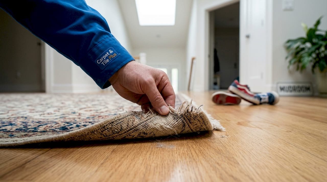 Hand inspecting damage on luxury carpet fibers