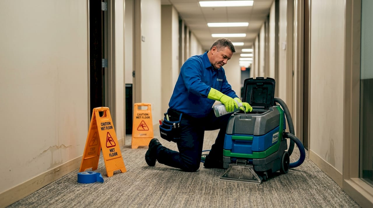 Carpet cleaner prepping extraction equipment