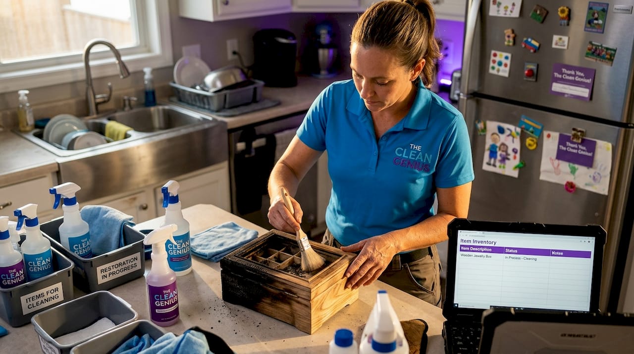 Technician restores item in kitchen with supplies
