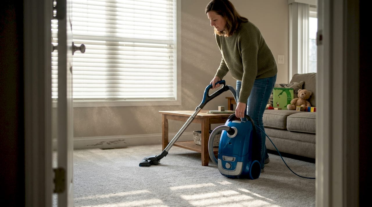 Parent vacuuming new carpet in casual family room