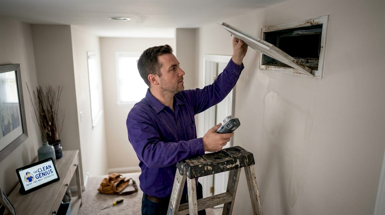 HVAC technician testing for mold in air vent