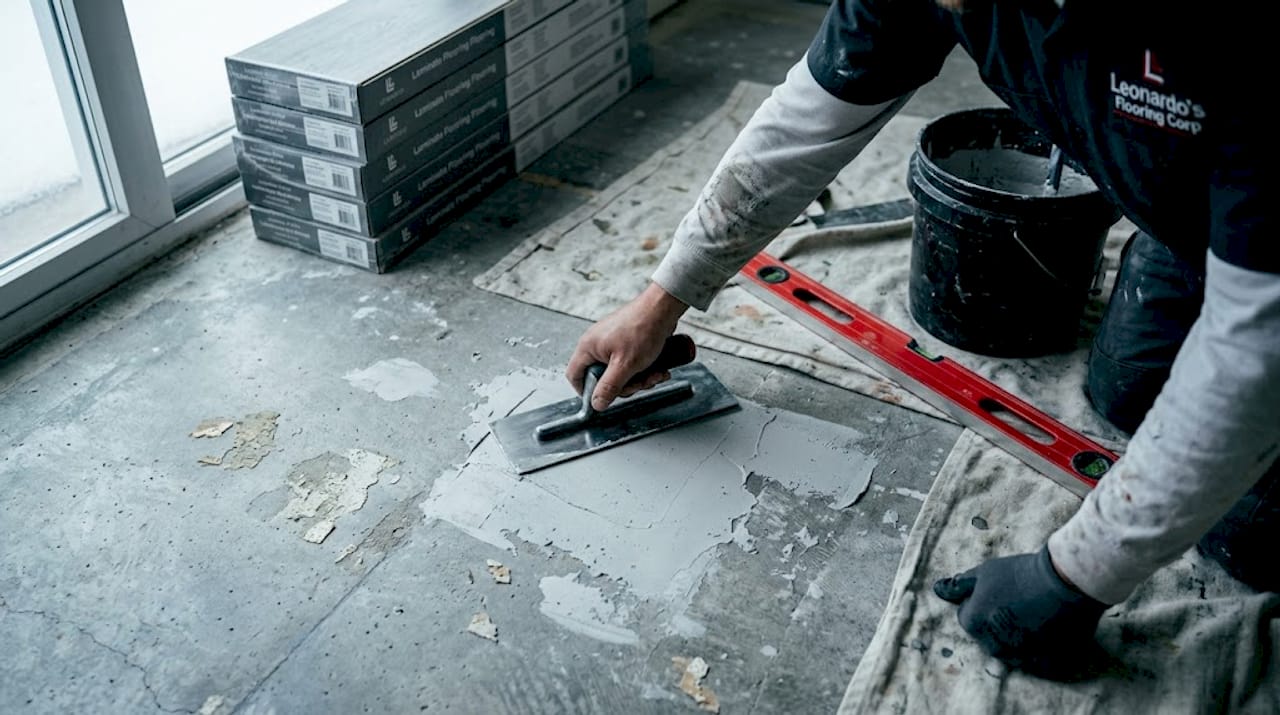 Contractor prepping subfloor with tools and materials
