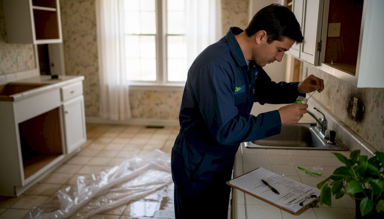 Restoration worker taking mold sample in kitchen