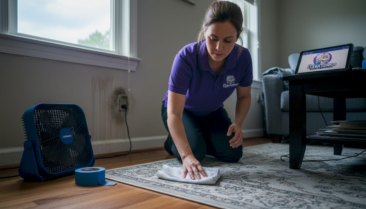 Woman drying water-damaged living room floor