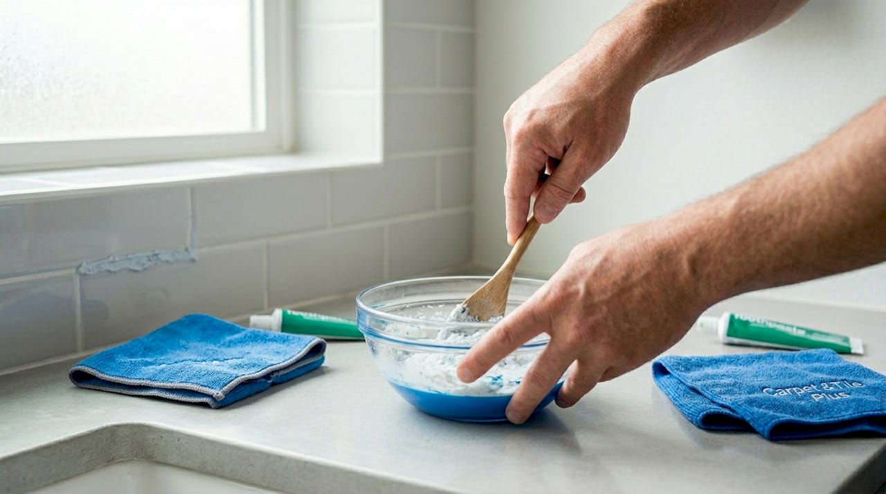 Hands preparing grout cleaning paste in bathroom