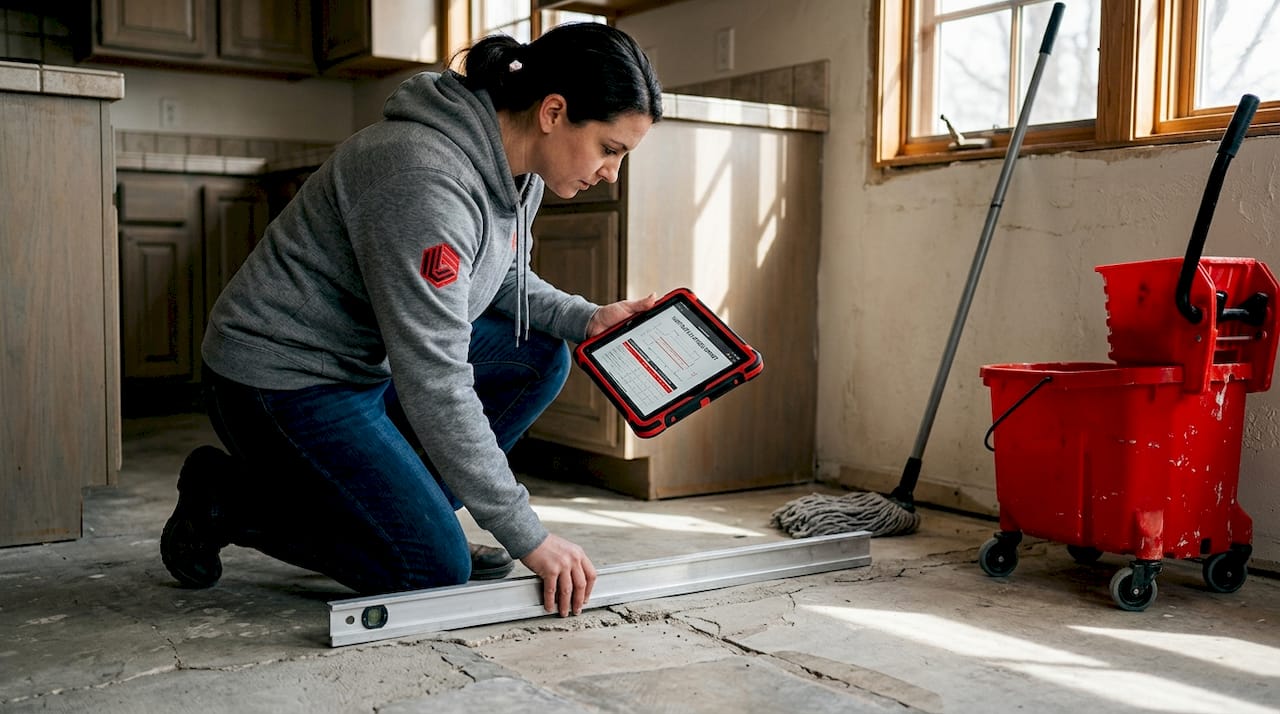 Homeowner checks floor substrate flatness before tiling