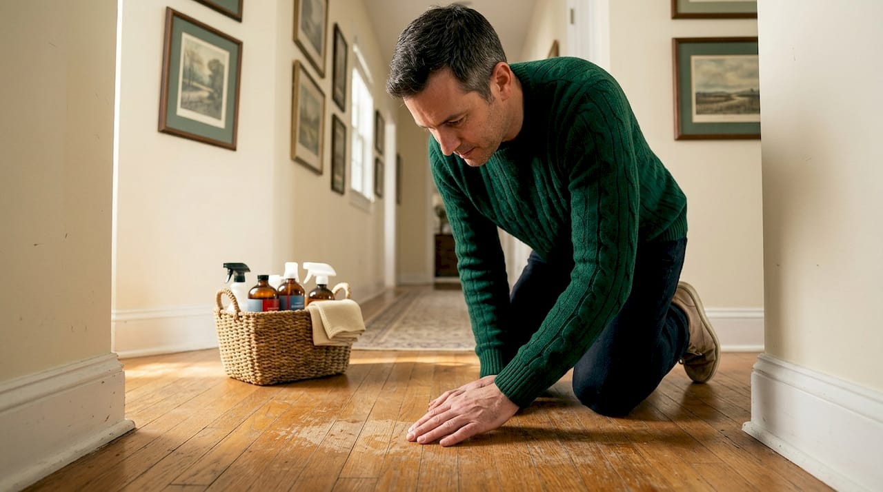 Homeowner inspecting hardwood floor condition