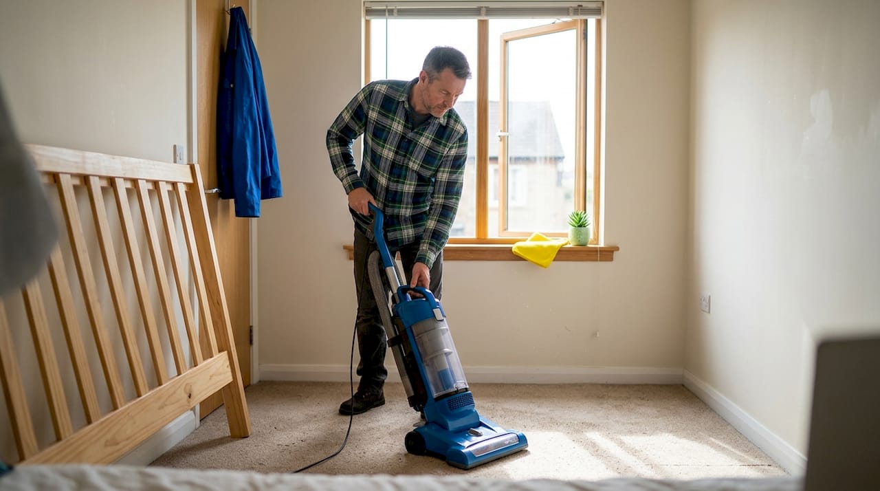 Landlord vacuuming bedroom carpet before new tenants
