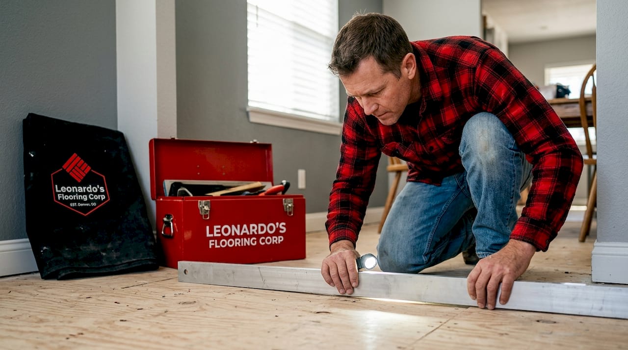 Man checks subfloor flatness with straightedge