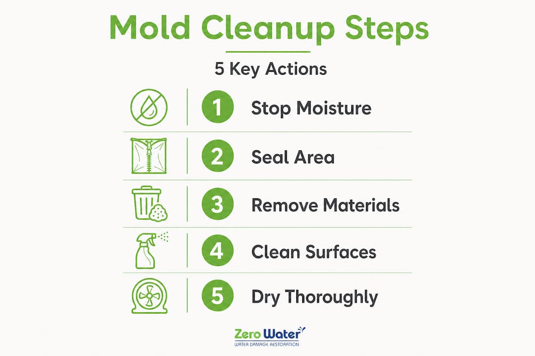 Infographic showing five mold cleanup steps
