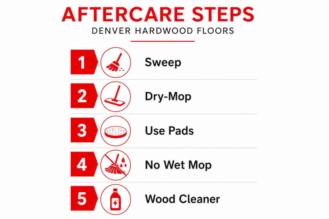 Infographic of hardwood aftercare steps in Denver