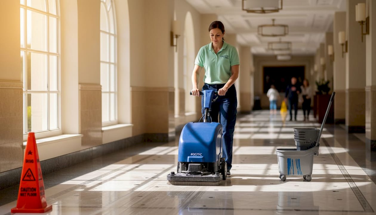 Operator using automated grout scrubbing machine