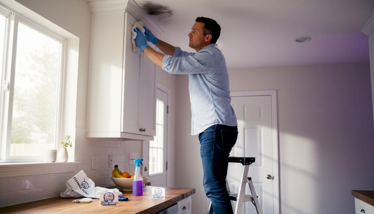Homeowner cleaning soot from apartment ceiling